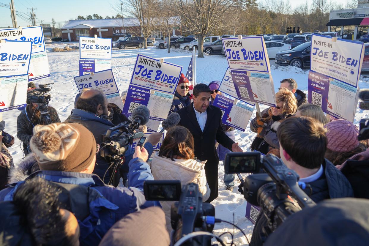 On Jan. 21, 2024, U.S. Representative Ro Khanna meets with voters who are writing in President Joe Biden in the New Hampshire primary.