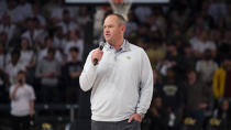 Georgia Tech football coach Brent Key speaks during halftime of an NCAA college basketball game between Georgia Tech and Georgia on Tuesday, Dec. 6, 2022, in Atlanta. (AP Photo/Hakim Wright Sr.)