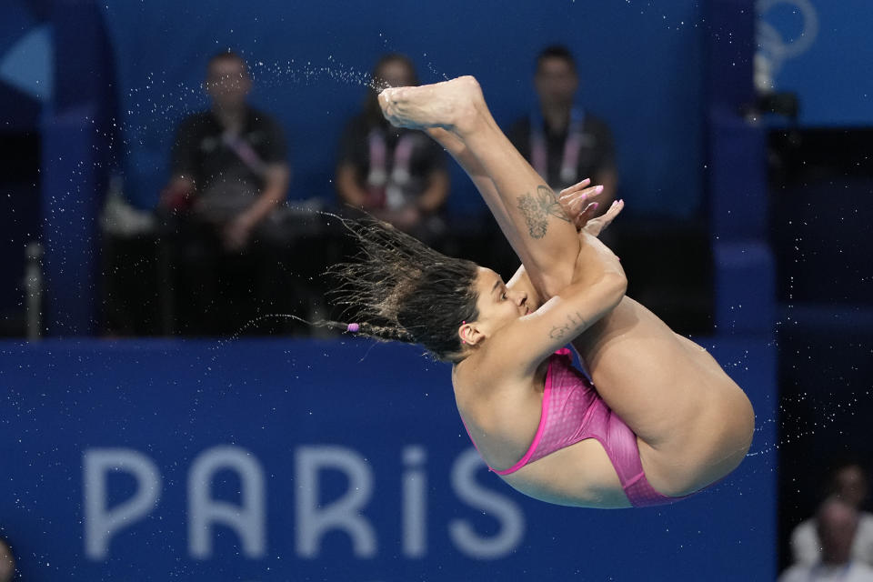 Mexico's Aranza Vazquez Montano competes in the women's 3m springboard diving semifinal, at the 2024 Summer Olympics, Thursday, Aug. 8, 2024, in Saint-Denis, France. (AP Photo/Lee Jin-man)