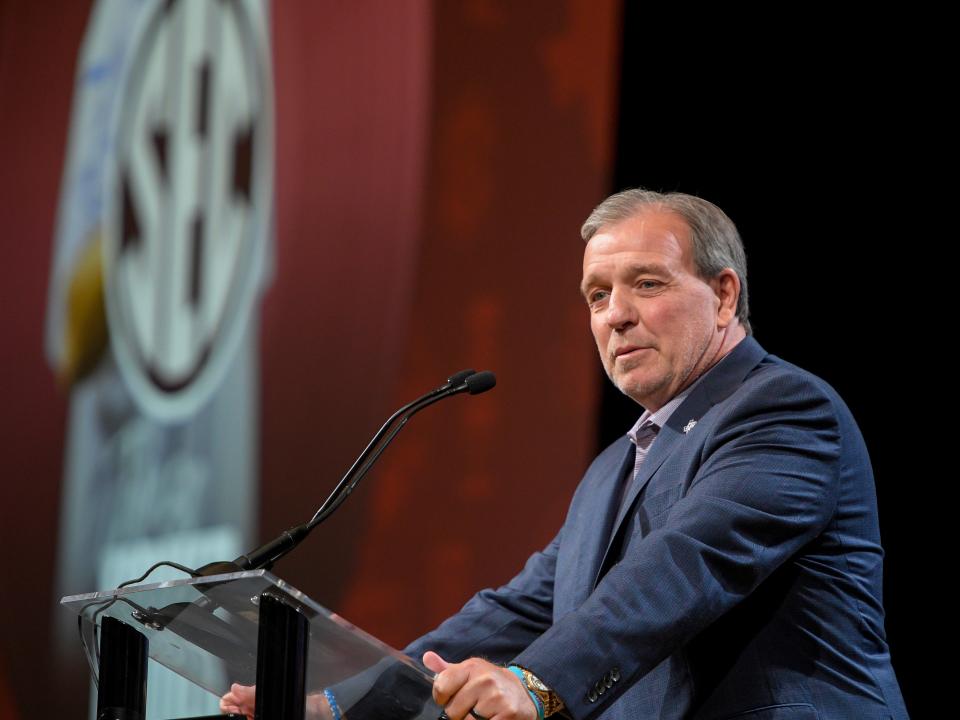 Texas A&M football coach Jimbo Fisher addresses the media Monday on the first day of SEC media days in Nashville, Tenn. “In the SEC, you’re always on the radar,” Fisher said. “And whether I’m on the radar or under it, we don’t ever approach it any differently. You have pressure, and you deal with it.”