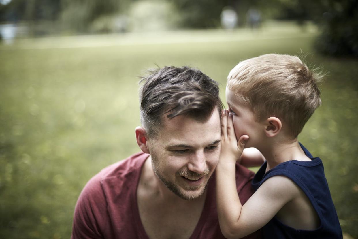 Humans are the only animals that express their thoughts in full sentences. <a href="https://www.gettyimages.com/detail/photo/son-whispering-into-fathers-ear-royalty-free-image/1270752418?adppopup=true" rel="nofollow noopener" target="_blank" data-ylk="slk:Oliver Rossi/DigitalVision via Getty Images;elm:context_link;itc:0;sec:content-canvas" class="link ">Oliver Rossi/DigitalVision via Getty Images</a>