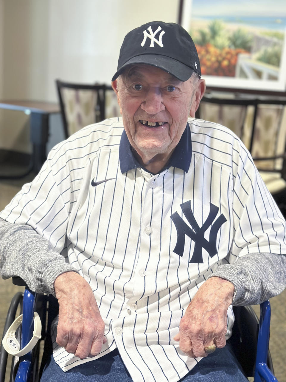 Art Schallock poses for a photo in Sonoma, Calif., on Thursday, April 18, 2024. Schallock, the oldest living former Major League Baseball player, will celebrate his 100th birthday on Thursday, April 25, 2024. (Wendy Cornejo, Cogir on Napa Road via AP)