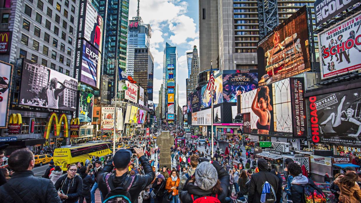 View of crowded Times Square in New York City.