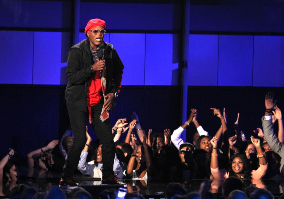 Host Samuel L. Jackson appears on stage at the BET Awards on Sunday, July 1, 2012, in Los Angeles. (Photo by Matt Sayles/Invision/AP)