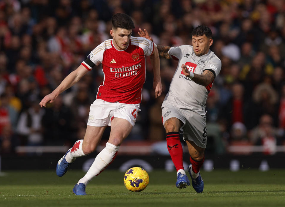 Arsenal's Declan Rice (left) in action against Sheffield United in the English Premier League.