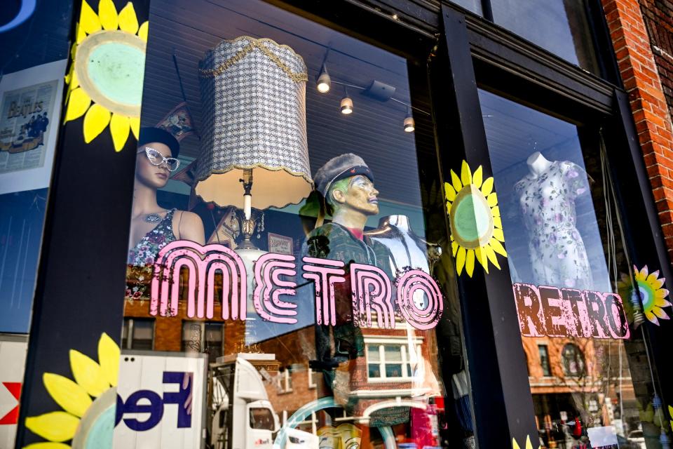 The storefront window at Metro Retro on Monday, April 1, 2024, in Old Town Lansing.