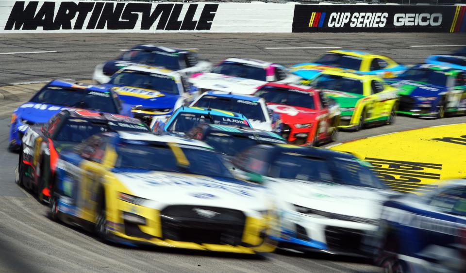 NASCAR Cup Series drivers race at Martinsville Speedway on April 16, 2023.