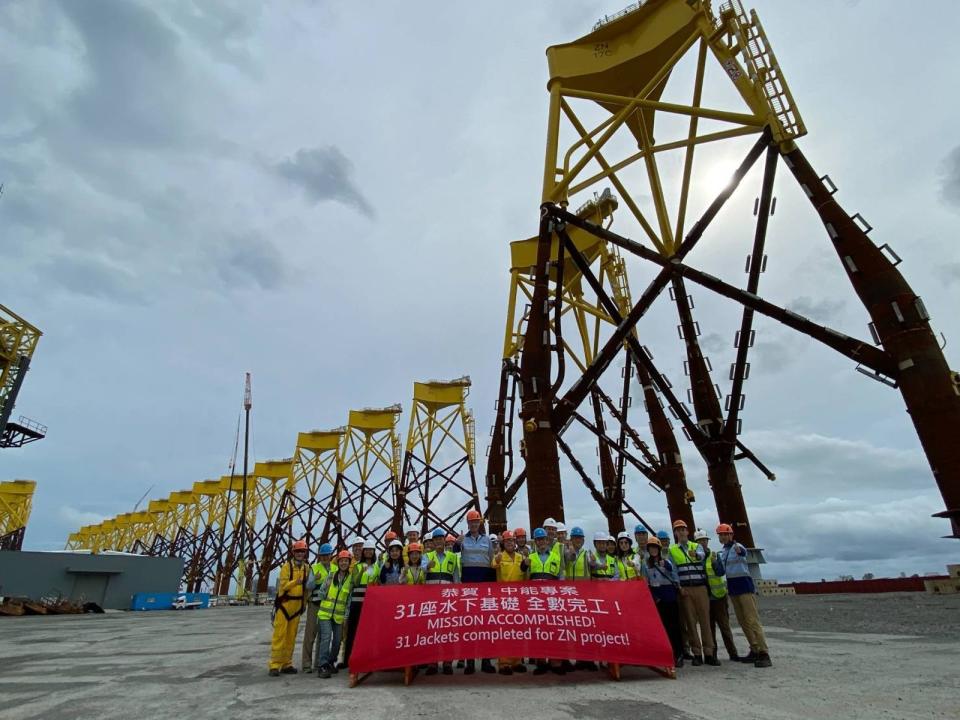 中能風場31座套管式水下基礎，已由台船環海順利完成安裝作業。（中能提供）