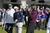 Larry Fitzgerald reacts as Josh Allen, left, looks on during the putting challenge event of the AT&T Pebble Beach Pro-Am golf tournament in Pebble Beach, Calif., Wednesday, Feb. 1, 2023. (AP Photo/Eric Risberg)