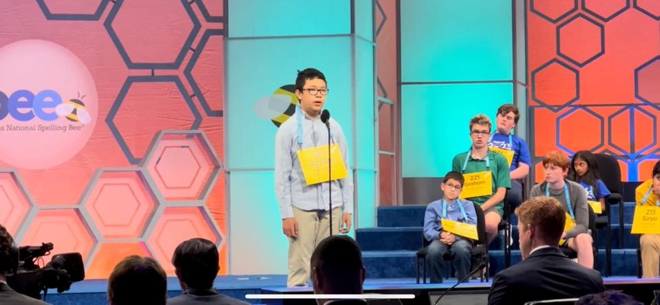 Jayden Zheng of Bonham Middle School participates in the  2023 Scripps National Spelling Bee in National Harbor, Maryland.