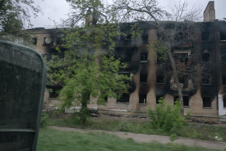 A destroyed five-story building in Chasiv Yar, Donetsk Oblast, on April 26, 2024. (Francis Farrell/The Kyiv Independent)