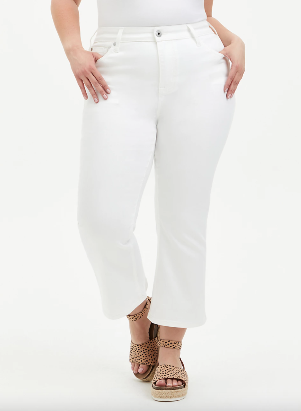 Torrid Crop Mid-Rise Flare Jeans in White (Photo via Torrid)