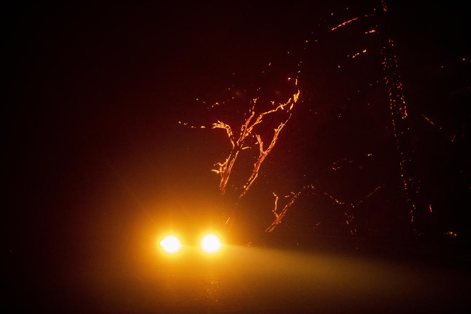 A car passes burning trees on Geysers Rd. as the Kincade Fire tears through unincorporated Sonoma County, Calif., on Thursday, Oct. 24, 2019. (Photo: Noah Berger/AP)