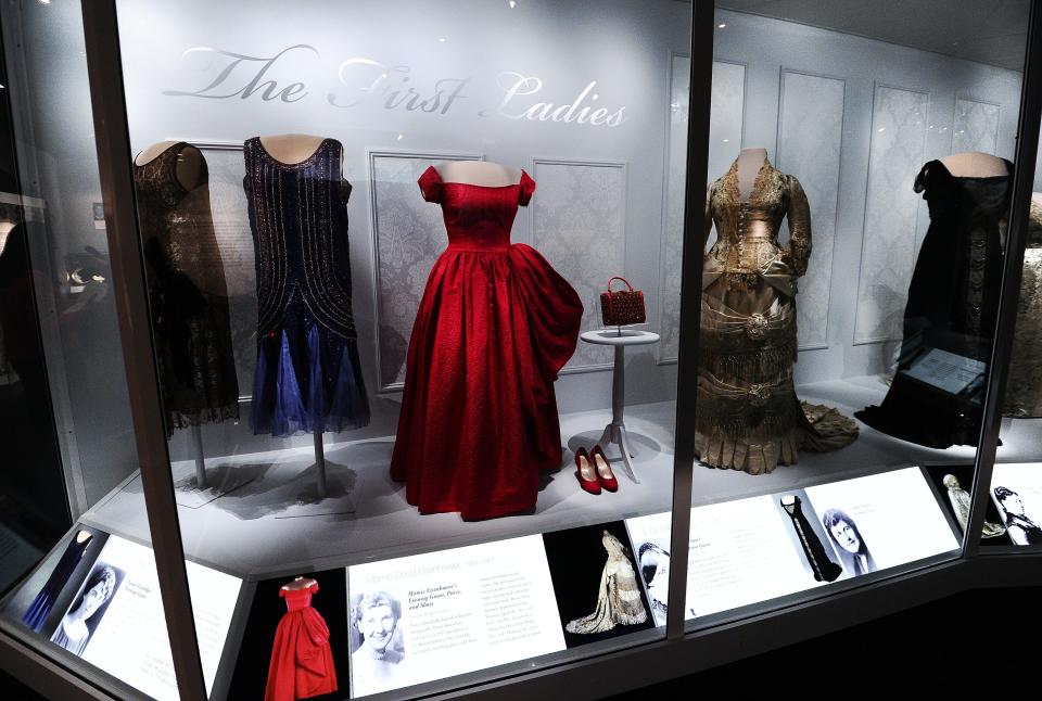 Dresses and accessories of former first ladies are displayed at the Smithsonian's National Museum of American History in Washington, DC, on Nov. 18, 2011, during a media preview of "The First Ladies," a major new exhibit showcasing objects from the century-old First Ladies Collection.