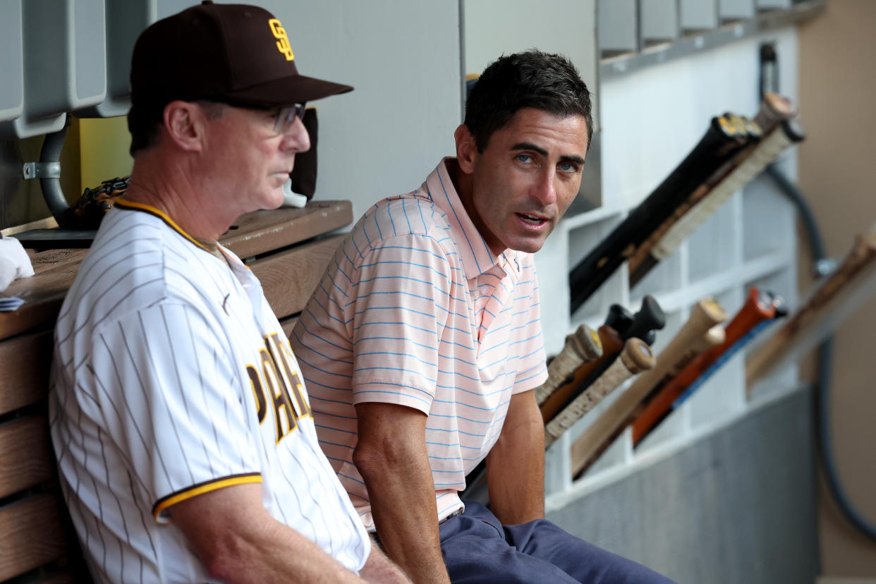 SAN DIEGO, CALIFORNIA - SEPTEMBER 06: Manager Bob Melvin talks with General Manager A.J. Preller prior to a game between the San Diego Padres and the Arizona Diamondbacks at PETCO Park on September 06, 2022 in San Diego, California. (Photo by Sean M. Haffey/Getty Images)