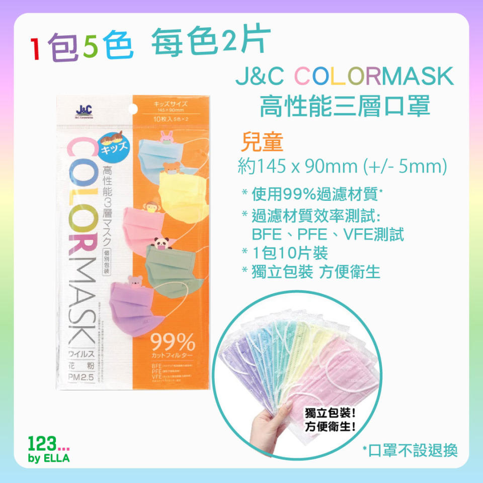 【123 by ELLA】J&C 彩色三層不織布口罩$128/5包（31/08至售完止）