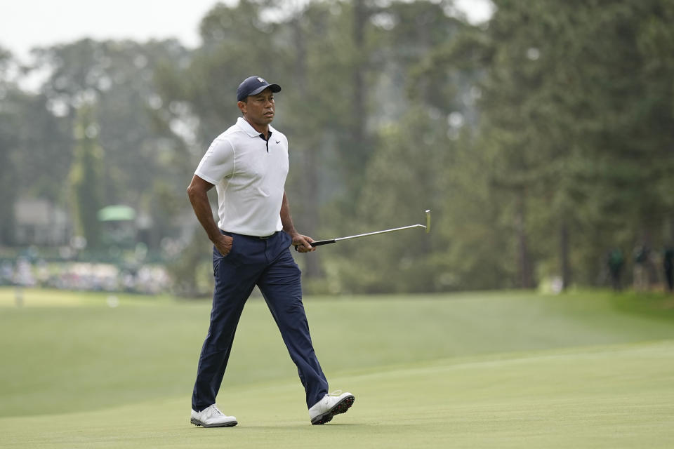 Tiger Woods walks on the first hole during the first round of the Masters golf tournament at Augusta National Golf Club on Thursday, April 6, 2023, in Augusta, Ga. (AP Photo/David J. Phillip)