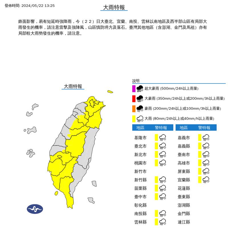 中央氣象署在今（22）天13:25發布大雨特報。（圖／翻攝自氣象署）