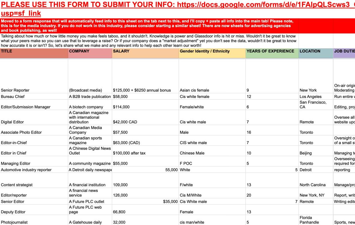 Many of your colleagues may be sharing valuable information through a Google spreadsheet right now.&nbsp; (Photo: <a href="https://docs.google.com/spreadsheets/u/1/d/1SP3Sqqdv6R8chFamjtgdNlOrUar-hJXvkMSeha2mHQ8/htmlview?sle=true#" target="_blank">Real Media Salaries</a>)