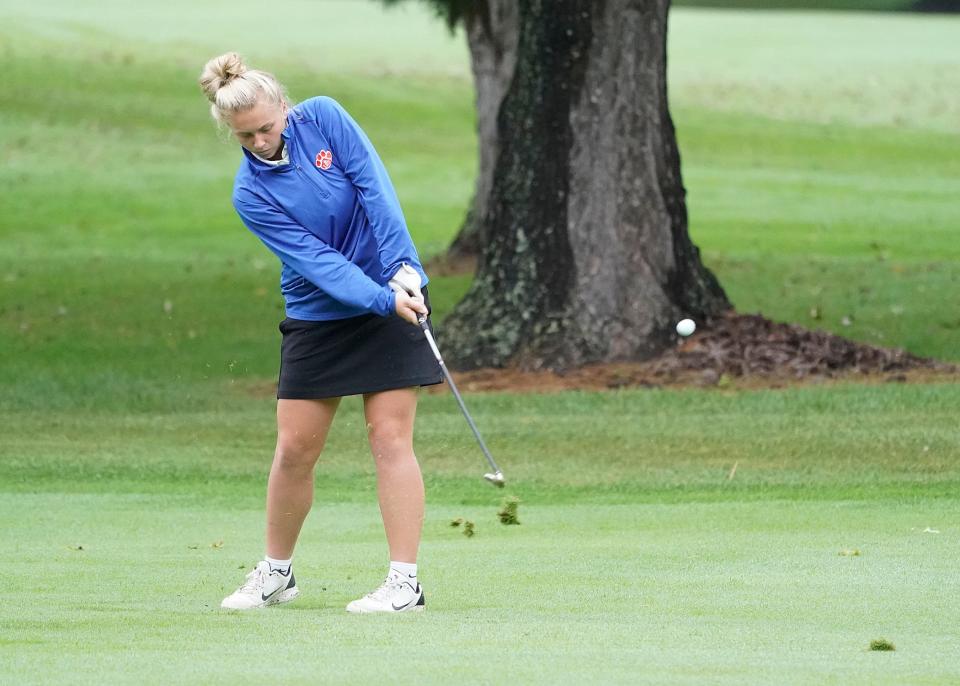 Lenawee Christian's Avery Sluss chips onto the green during the Division 4 regional meet at The Hills of Lenawee.