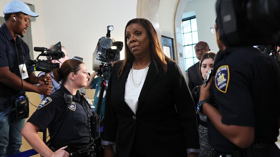 Attorney General Letitia James arrives for the start of the civil fraud trial of former President Donald Trump at New York State Supreme Court on October 02, 2023 in New York City. Former President Trump may be forced to sell off his properties after Justice Arthur Engoron canceled his business certificates and ruled that he committed fraud for years while building his real estate empire after being sued by Attorney General Letitia James, who is seeking $250 million in damages. The trial will determine how much he and his companies will be penalized for the fraud.