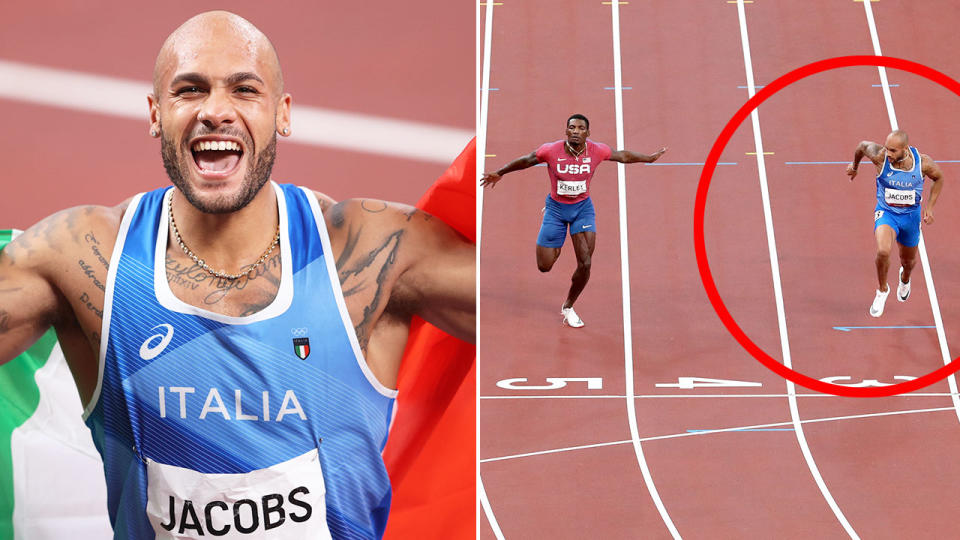 Seen here, Marcell Jacobs wins the men's 100m sprint at the Olympic Games. 