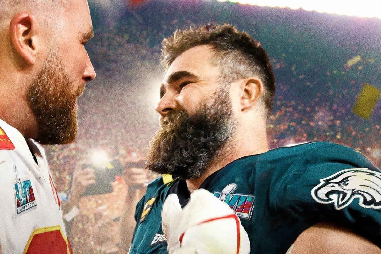 Jason Kelce opposite his brother Travis Kelce on the football field.