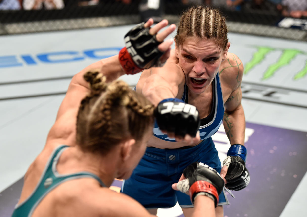 LAS VEGAS, NV - DECEMBER 01:  (R-L) Lauren Murphy punches Barb Honchak in their women's flyweight bout during the TUF Finale event inside Park Theater on December 01, 2017 in Las Vegas, Nevada. (Photo by Jeff Bottari/Zuffa LLC/Zuffa LLC via Getty Images)