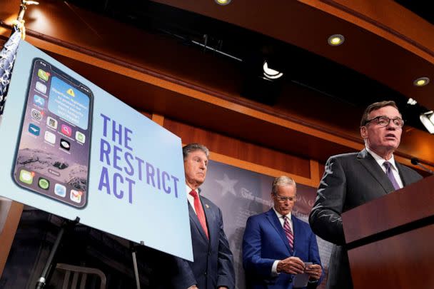 PHOTO: Sen. Mark Warner speaks during a press conference to unveil legislation that would allow the Biden administration to 'ban or prohibit' foreign technology products such as the Chinese-owned video app TikTok during a news conference, March 7, 2023. (Bonnie Cash/Reuters)