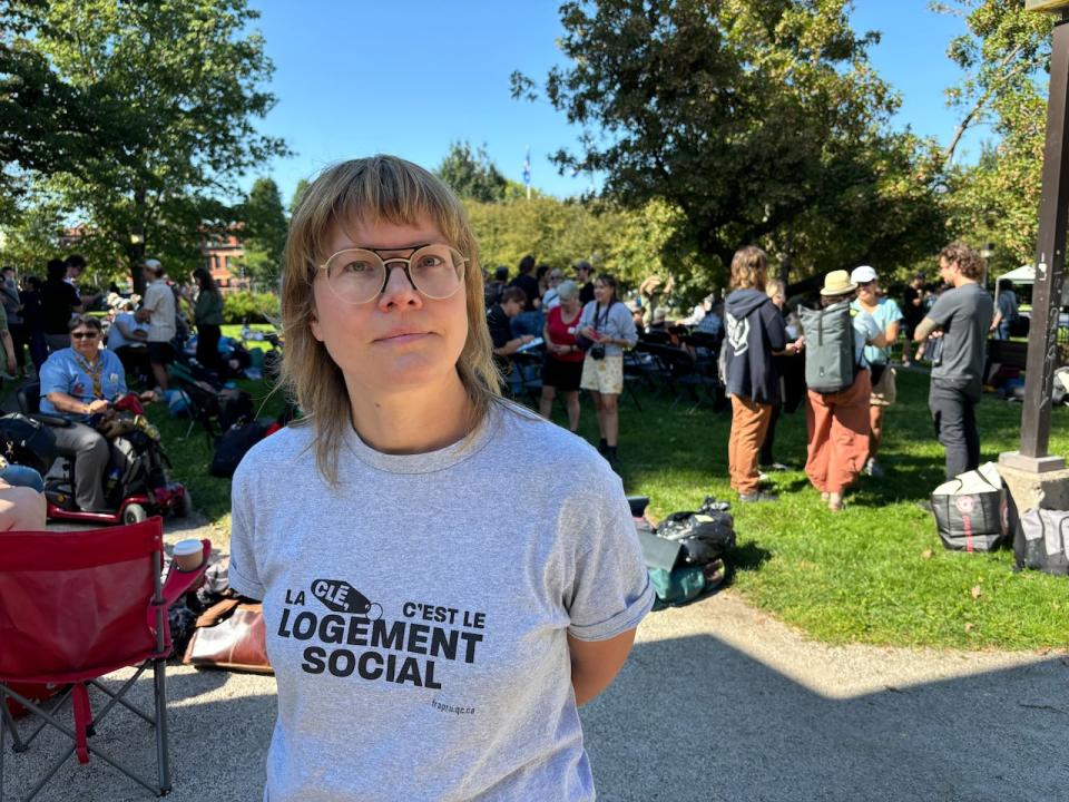 Véronique Laflamme pictured at a demonstration this weekend in front of the National Assembly in Quebec City. Her housing group is calling on the Legault government to create more social housing. 