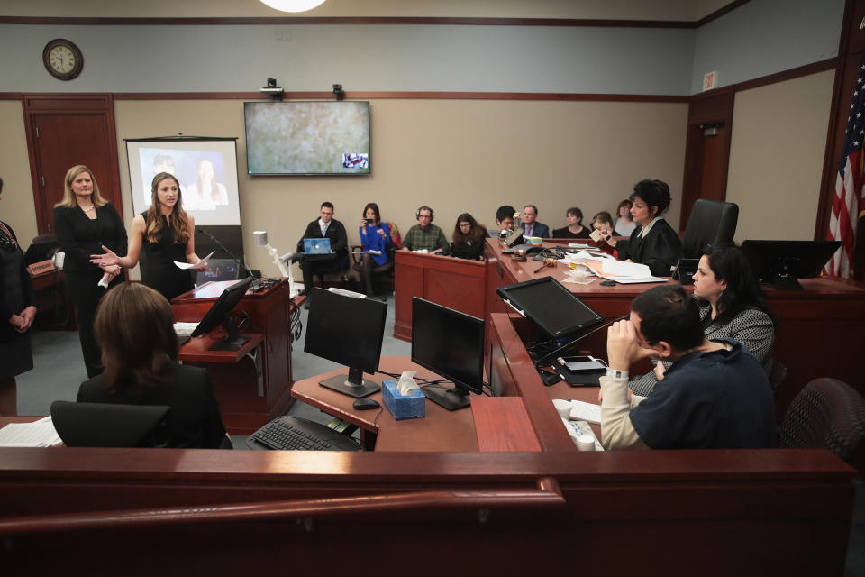 Larry Nassar (bottom right) listens to victim impact statements in court on Tuesday, Jan. 16. (Scott Olson via Getty Images)