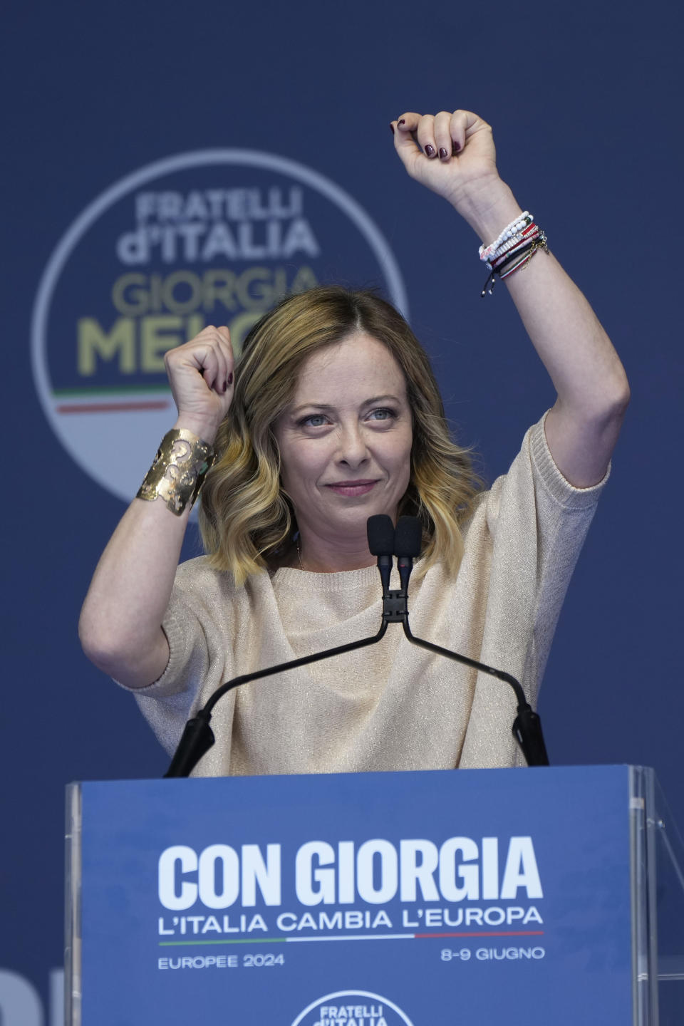 Italian Premier Giorgia Meloni delivers her speech during at an electoral rally ahead of the EU parliamentary elections that will take place in Italy on 8 and 9 June, in Rome, Saturday, June 1, 2024. (AP Photo/Alessandra Tarantino)