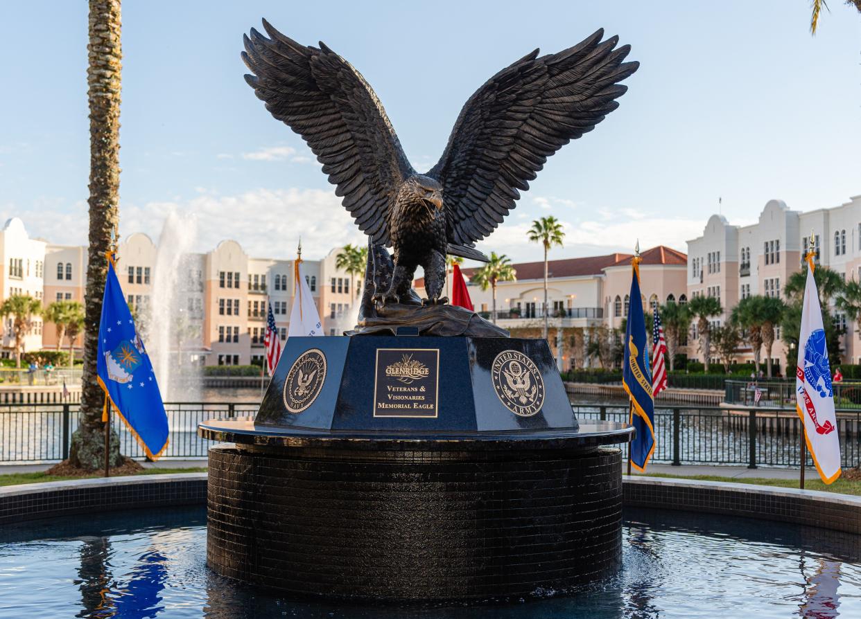 The Glenridge on Palmer Ranch in Sarasota dedicated a 12-foot tall monument during a Veterans Day ceremony that honors 355 veterans who have lived at the senior community in the past two decades. The Veterans & Visionaries Memorial Eagle, which also salutes The Glenridge's founding members, stands on a granite base mined from the same quarry used for the 9/11 Memorial. The bronze eagle was created by Dawn Agnew-Mundell, a Ringling College of Art & Design graduate. Visit theglenridge.com.