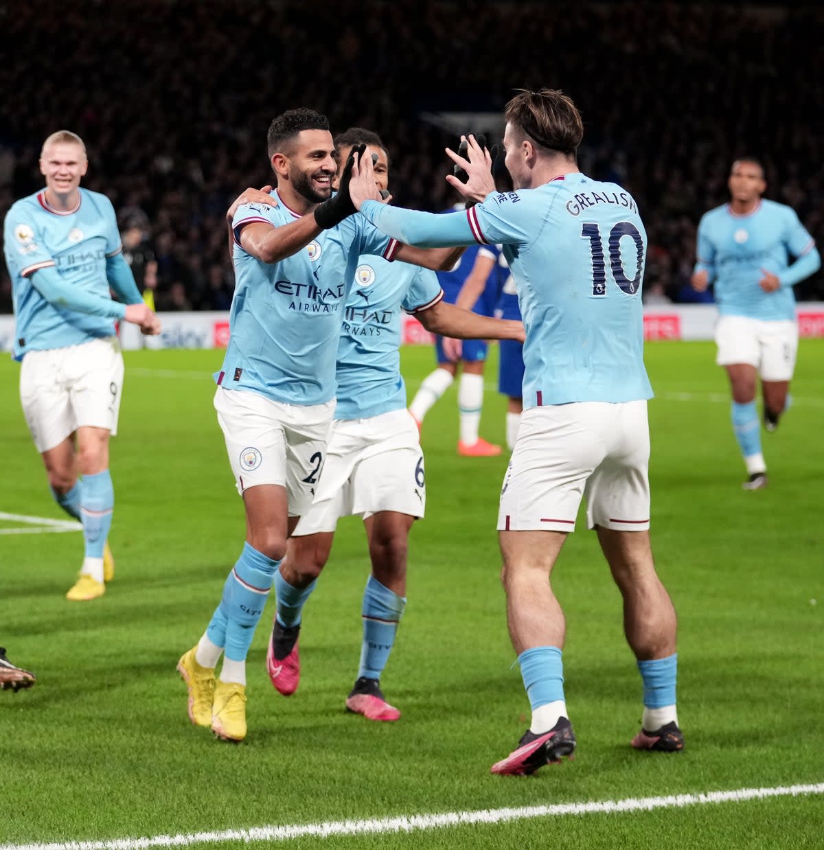 Goalscorer Riyad Mahrez celebrates with creator Jack Grealish (Getty Images)