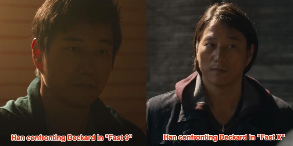 Han's hair in the "Fast 9" mid-credits scene vs the same scene in "Fast X."