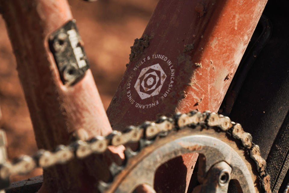 Downtube of a carbon gravel bike in Morocco