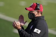 Indiana head coach Tom Allen encourages his team during the first half of an NCCAA college football game against Penn State, Saturday, Oct. 24, 2020, in Bloomington, Ind. (AP Photo/Darron Cummings)