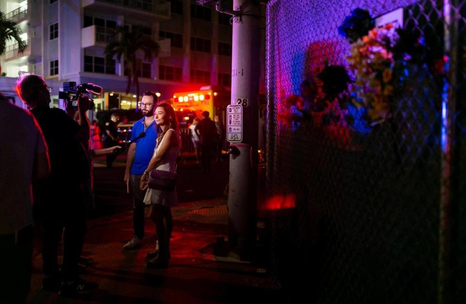 Rachel Spiegel and her brother Josh Spiegel, the children of the late Judy Spiegel, speak to the media as they arrive at the former Champlain Towers South condo building site on Thursday, June 23, 2022, in Surfside, Fla. Family members of the 98 victims of the June 24, 2021, collapse gathered at the site to mark the first anniversary of the tragedy.