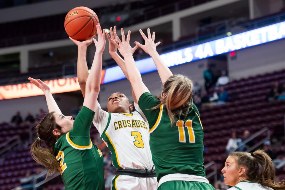 Lansdale Catholic's Sanyiah Littlejohn (3) goes up for a layup during the PIAA Class 4A Girls' Basketball Championship against Blackhawk at the Giant Center on March 25, 2023, in Hershey. The Crusaders won, 53-45.