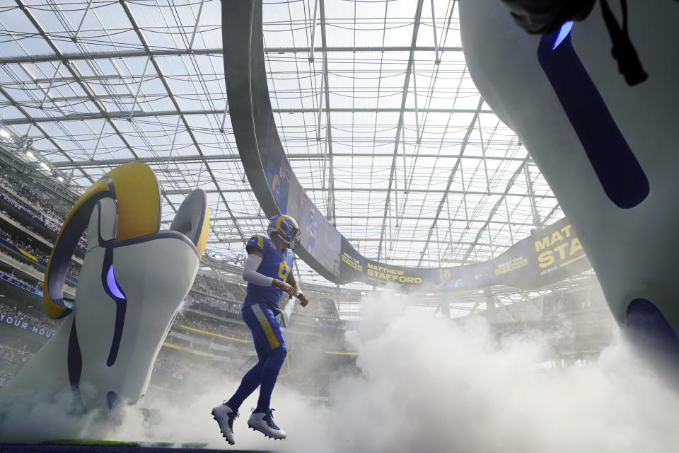 Los Angeles Rams quarterback Matthew Stafford enters the field before an NFL football game against the Arizona Cardinals Sunday, Oct. 3, 2021, in Inglewood, Calif. (AP Photo/Ashley Landis)