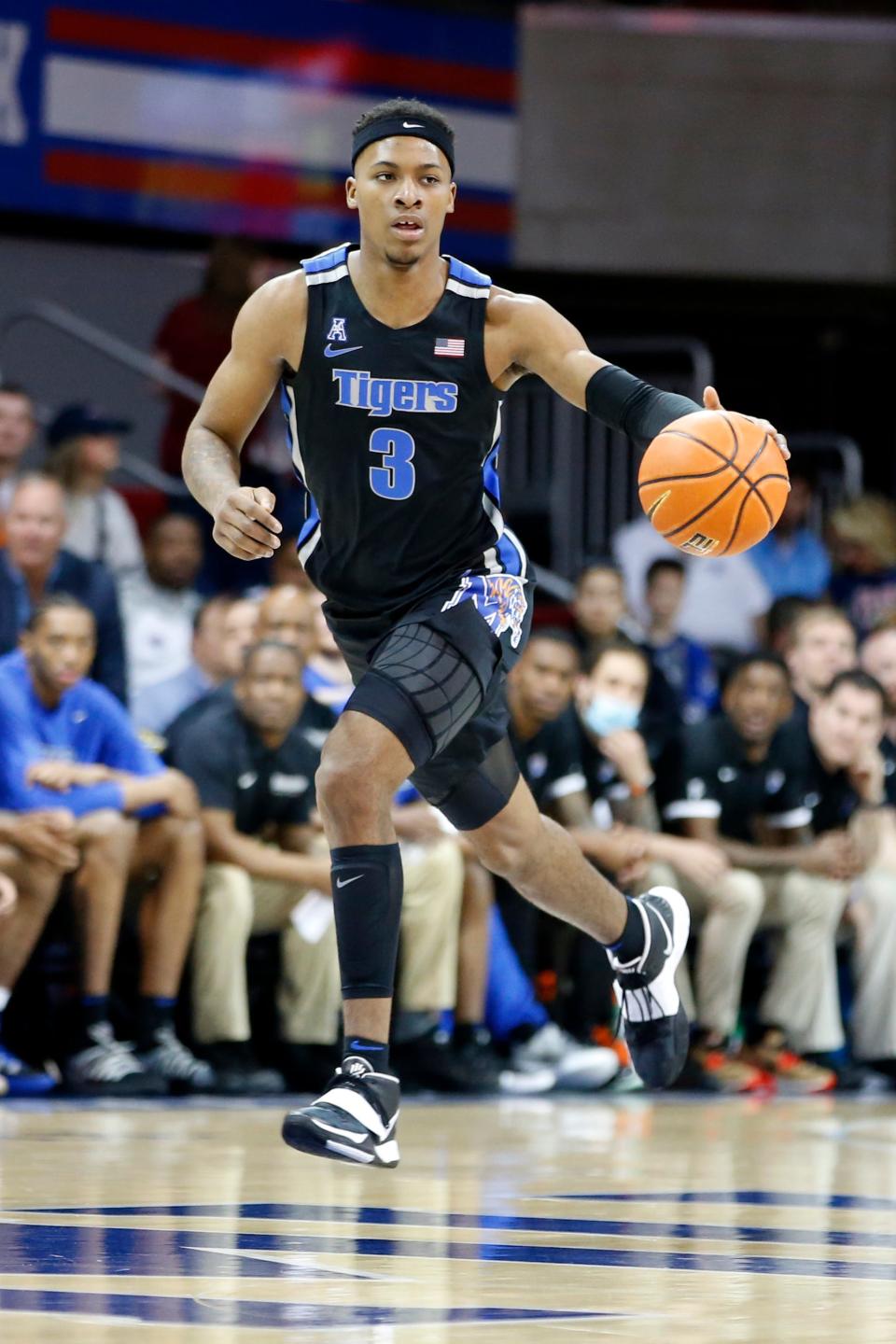 Feb 20, 2022; Dallas, Texas, USA; Memphis Tigers guard Landers Nolley II (3) dribbles up court against the Southern Methodist Mustangs in the first half at Moody Coliseum.
