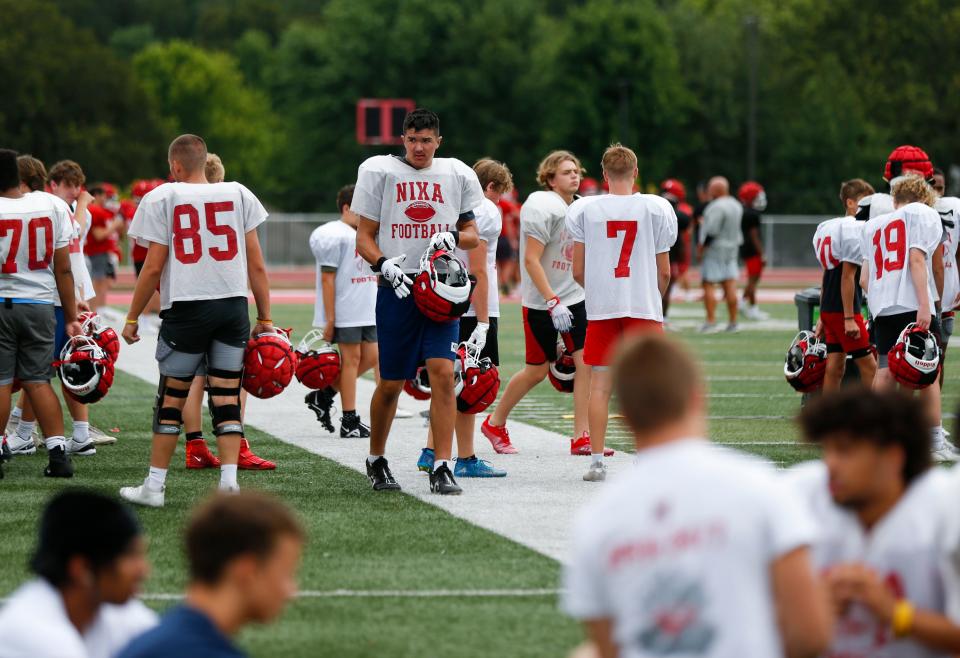 Nixa High School freshman Jackson Cantwell during football practice on Tuesday, July 12, 2022. Cantwell is 6-foot-8 and a multi-sport athlete and also scored a 33 on the ACT.