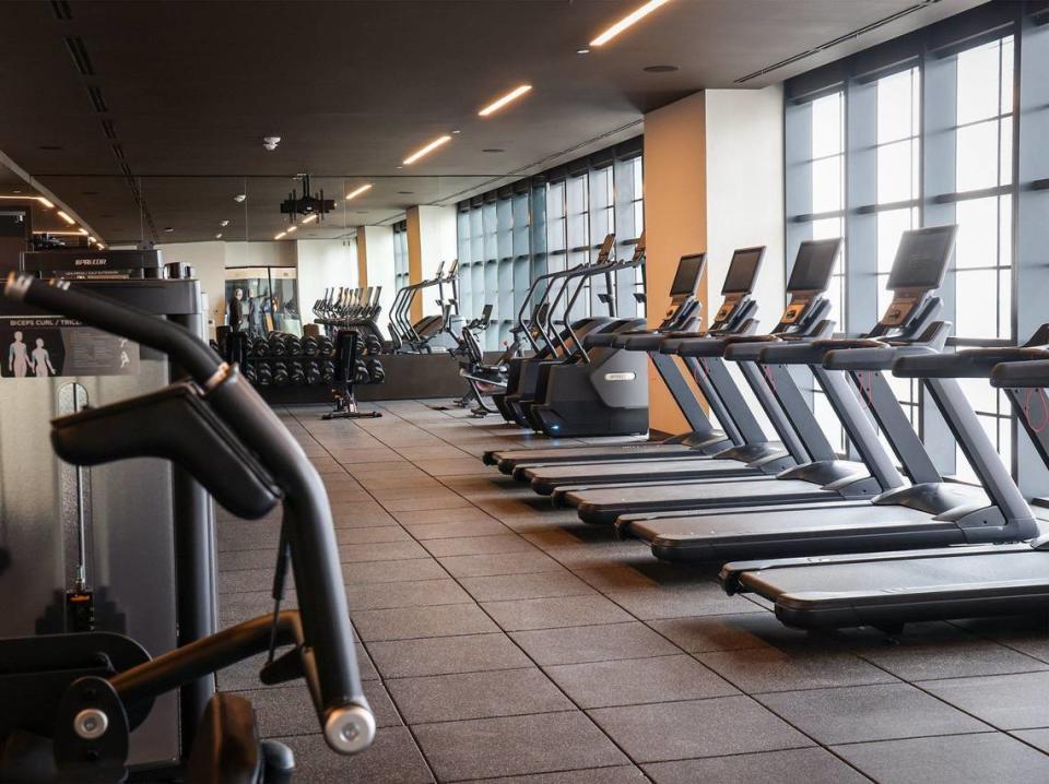 Large windows offer a great view of the urban landscape inside the large gym at the soon-to-open Gale Miami Hotel & Residences during a recent property preview on Thursday, May 16, 2024 in Miami, Florida.