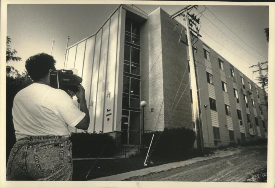 Edna Parker of Milwaukee used her new video camera to tape the exterior of the Oxford Apartments at 924 North 25th Street, the scene of the Jeffrey Dahmer slayings in 1991.