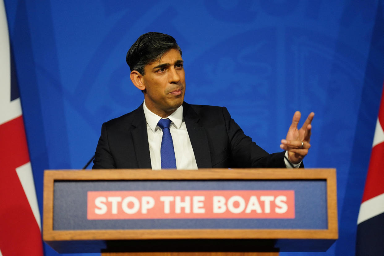 Prime Minister Rishi Sunak during a press conference in the Downing Street Briefing Room, as he gives an update on the plan to 