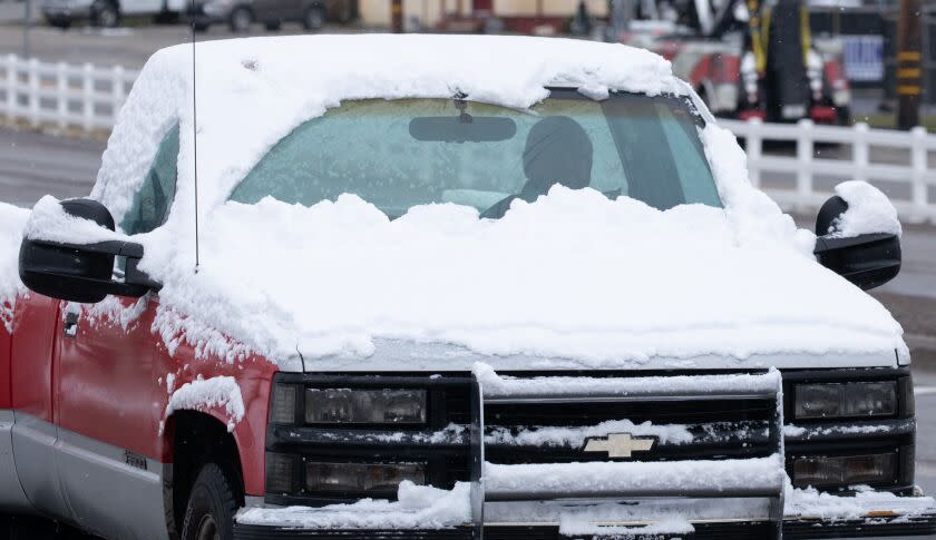 GORMAN, CA - JANUARY 30: An overnight cold storm brought snow to Lebec and surrounding communities on Monday, Jan. 30, 2023. (Myung J. Chun / Los Angeles Times)