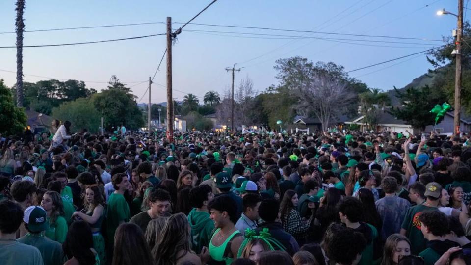 Cal Poly students turned out early Saturday morning, March 16, 2024, for St. Fratty’s Day on Hathway Avenue near the university. A San Luis Obispo Police Department officer at the scene of the party estimated between 6,000 and 7,000 people in attendance. John Lynch/jlynch@thetribunenews.com