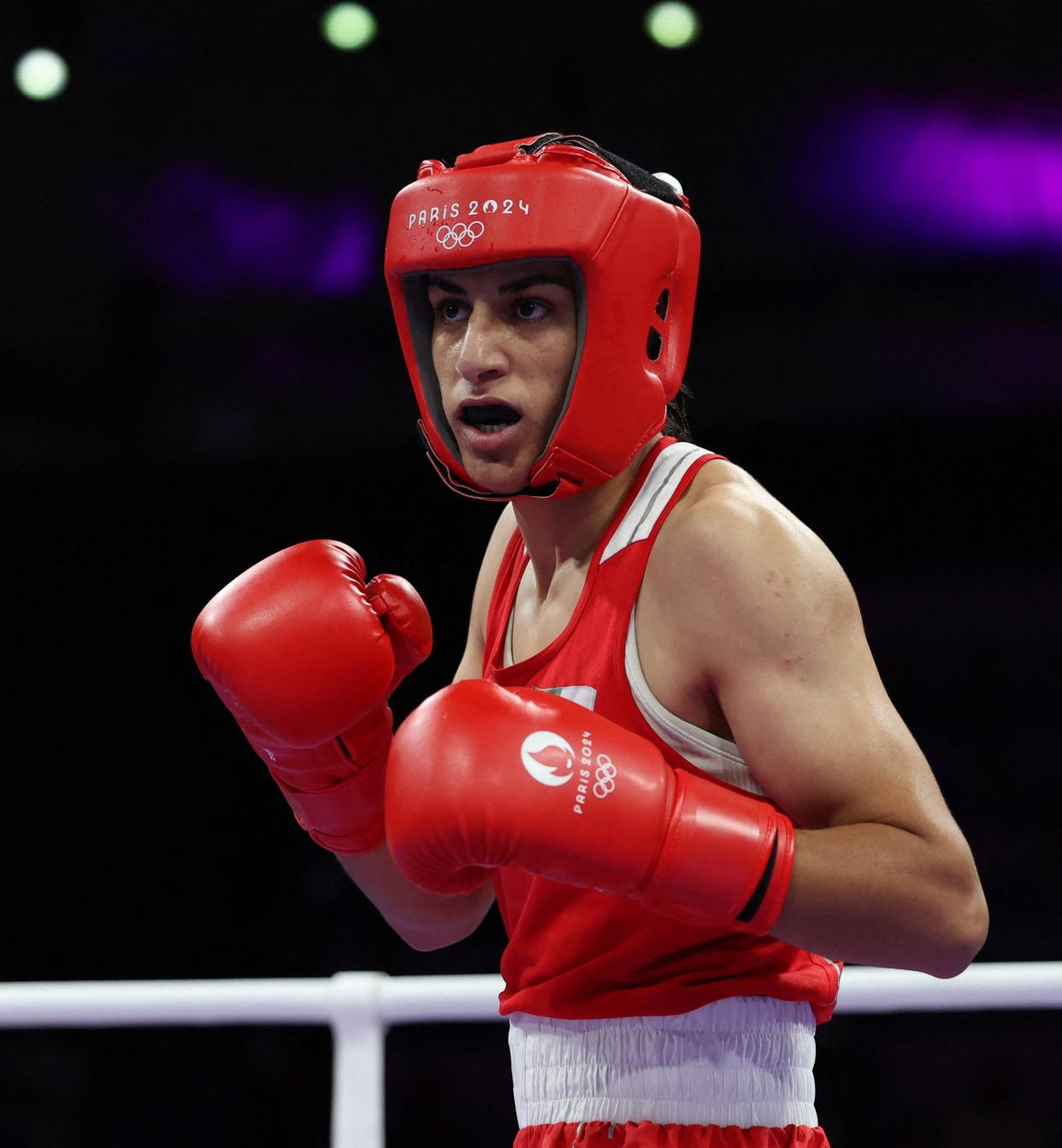 Imane Khelif of Algeria during her fight against Angela Carini of Italy at the Paris Olympics.