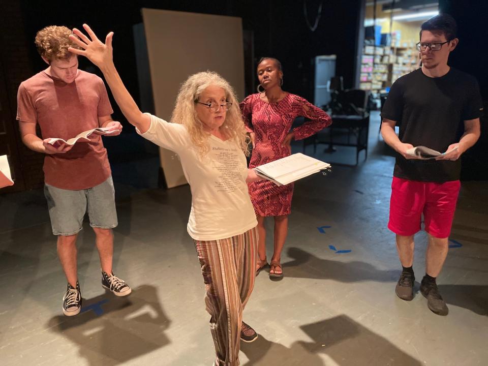 Director Cathy Airhart Webb directs Sam A. Coleman, Charleszette Tyson and Mike Turner in the play "Stoneface." The play will have a four-performance run at the Strauss Little Theater in Monroe this weekend.