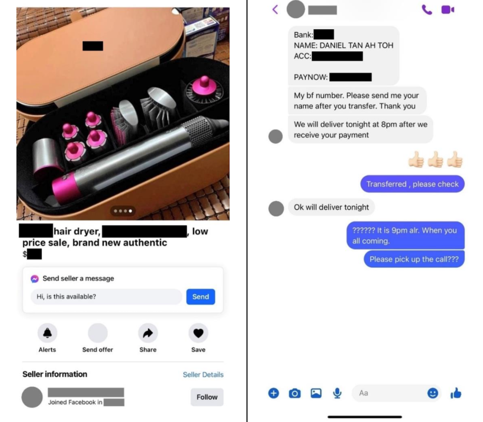 Screenshot of Facebook account used to approach the victim in e-commerce scam (left) and conversation between scammer and victim (Photos: SPF) 